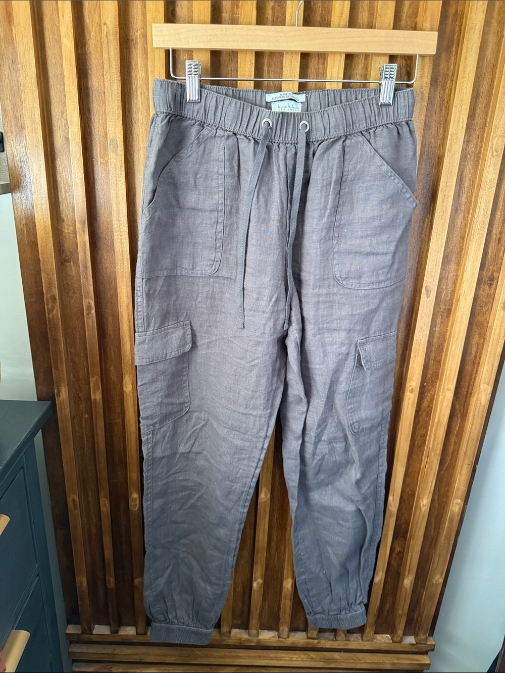 Nicole Miller New York 100% Linen Taupe Greige Jogger Cargo Pants. S